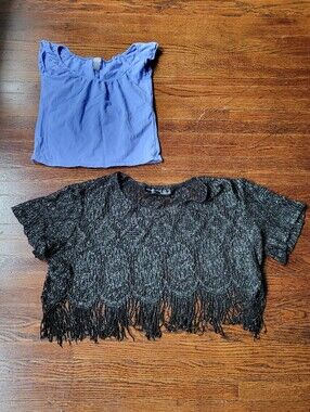 Sharade Nites Women's Vintage Sheer Lace Balck Crop Top & Blue Size Large Tee